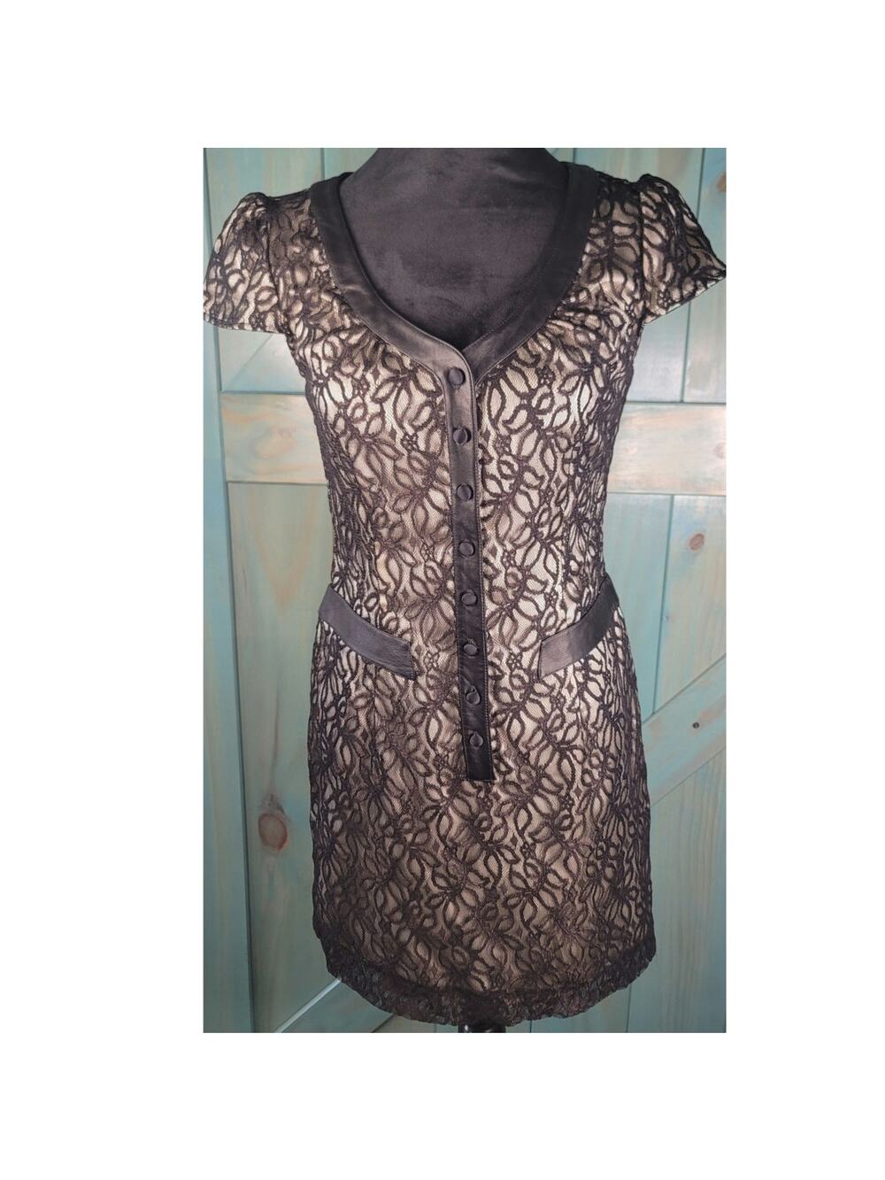Moda International Dress Black Floral Lace 100% Silk Beige Lining Leather Trim